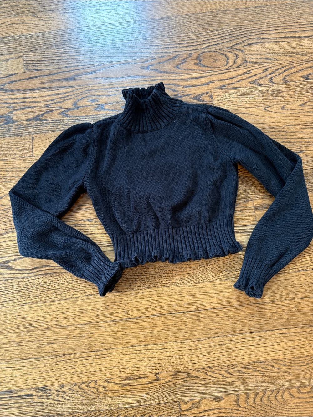 525 America Black Ribbed Turtleneck Cropped Sweater, cotton, Ruffle, small